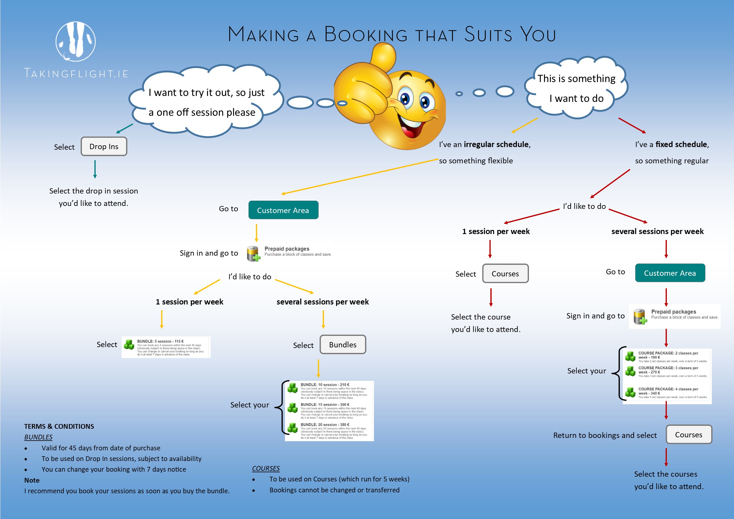 A flow chart of how to book at Taking Flight