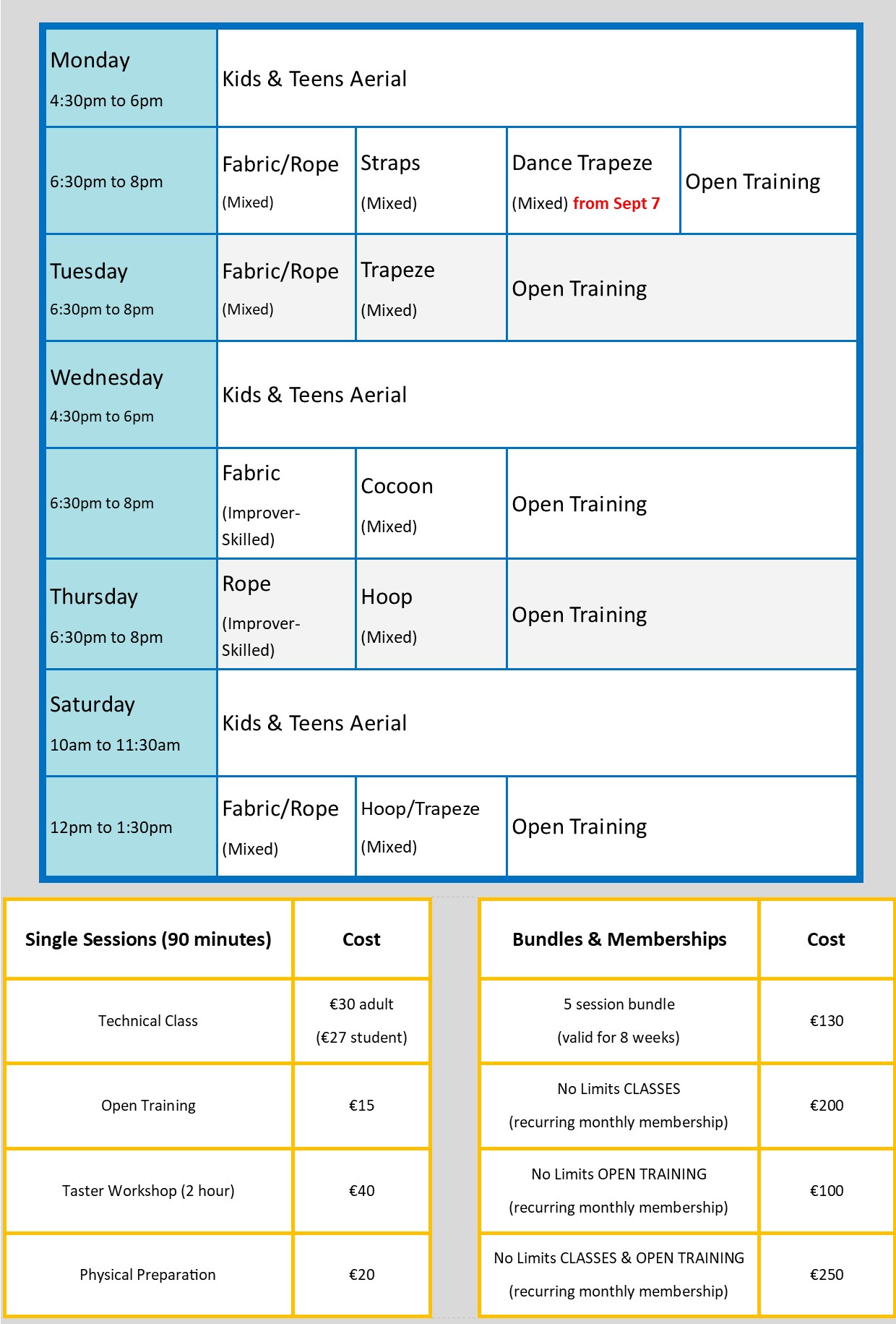 September 2026 schedule and pricing
